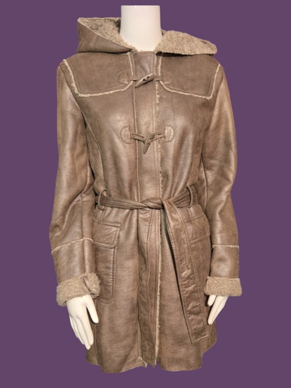Kenneth Cole Taupe Faux-Shearling Trim Leather Coat